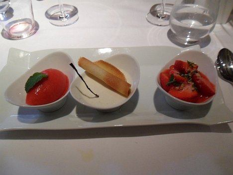 20120511_SAM_0615_ES71 dessert (37€ menu) - Les Fraises 'Mara des Bois' rafraîchissantes, blanc-manger au lait de coco et vanille Bourbon, sorbet aux fraises